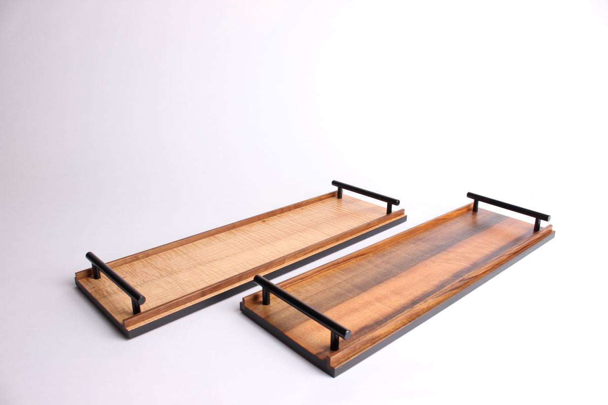 Two timber serving trays on a white backdrop
